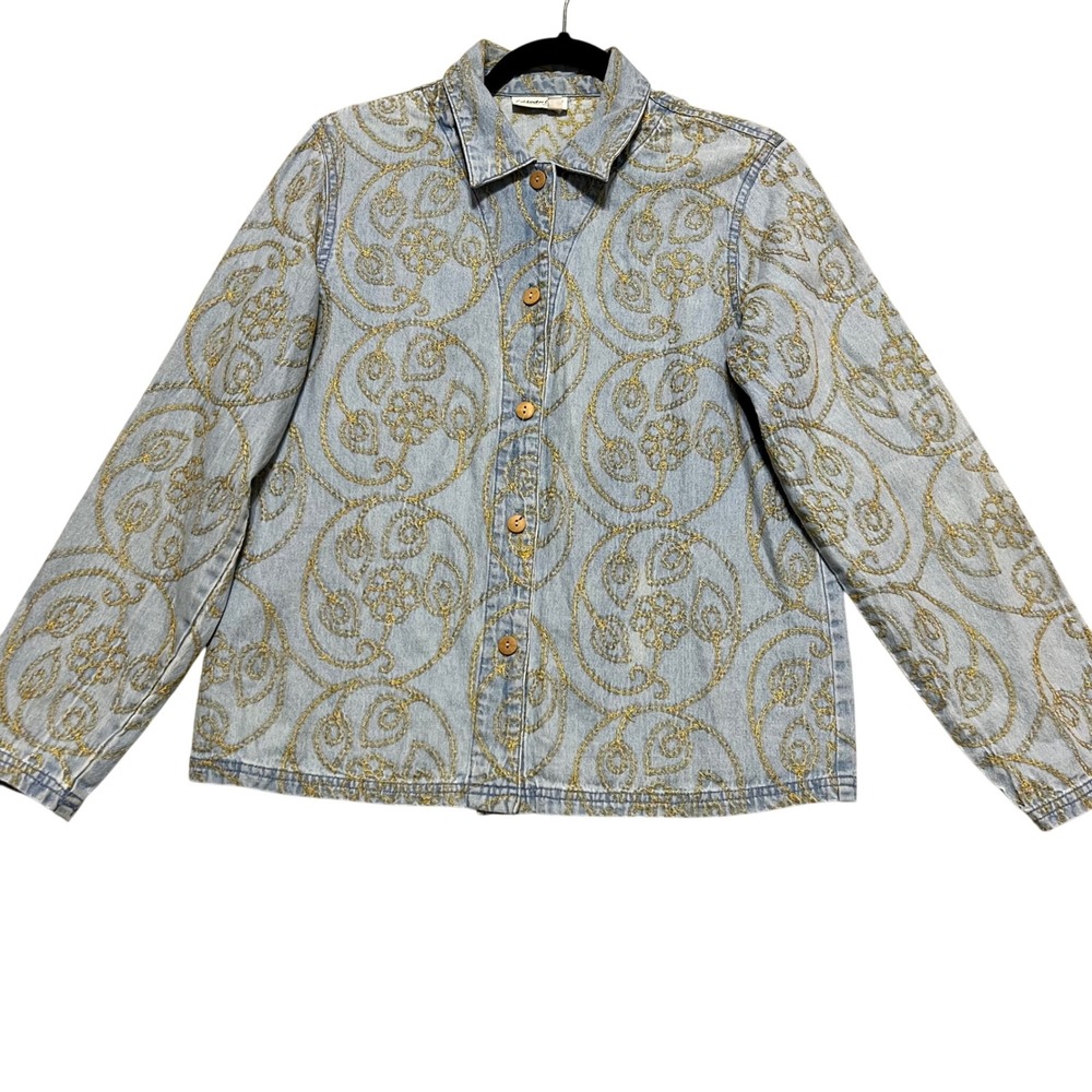Coldwater Creek Embroidered Denim Shirt Jacket Light Wash Blue Gold Floral Small
